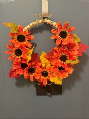 "A Golden Autumn" 🍂 Bright Orange Sunflower Wreath with Fall Leaves